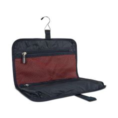 an open black and red bag with a hook on the handle, hanging from it's side