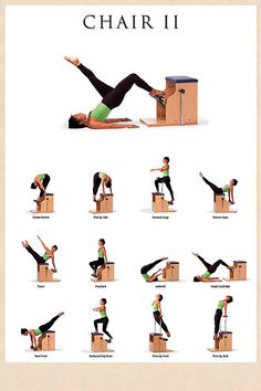 a woman doing yoga poses on top of a cardboard box with the words chair 11 above her