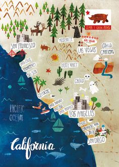 the california state map is shown with many different things to see and do in it