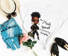 a t - shirt that says make yourself a priority currency on it next to jeans and flowers