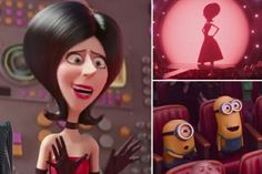 the animated character from despicable me is shown in three different pictures, including one with