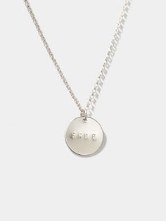 - 1/2” Disc pendant necklace- Can hold up to 5 letters- Moves freely on the chain Silver Round Pendant Necklace For Friendship, Everyday Initial Necklace With Round Pendant, Sterling Silver Round Disc Coin Necklace For Everyday, Sterling Silver Coin Necklace With Round Disc For Everyday, Everyday Silver Coin Necklace, Everyday Silver Round Disc Coin Necklace, Silver Round Disc Coin Necklace For Everyday, Everyday Coin Necklace With Round Pendant, Everyday Engraved Round Coin Necklace