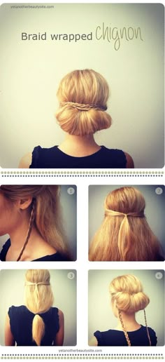 A SUPER easy up-do for work or date night. Bridal Hair Tutorial, Braided Chignon, Hair Updo, Beauty Ideas