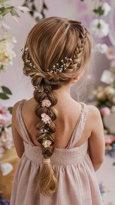 Loose Braid With Flowers, Jr Bridesmaids Hairstyles, Little Flower Girl Wedding Hair, Kids Flower Girl Hairstyles, Flowergirl Hairstyle For Toddler, Kids Bridesmaid Hair, Wedding Hair For Girls Kids, Princess Hairstyles For Kids With Tiara, Girls Flower Girl Hair