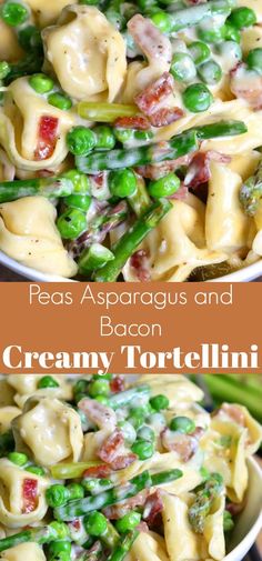 pasta with peas, asparagus and bacon in creamy tortellini