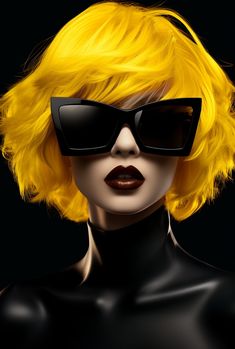 a woman with bright yellow hair and black sunglasses on her face, wearing dark glasses