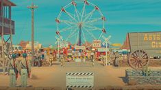 an amusement park with people standing in front of the ferris wheel and other things on display