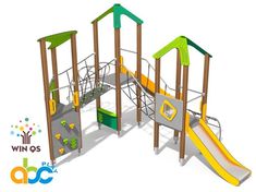 a children's play area with swings, slides and climbing bars for kids to climb on