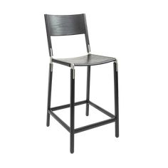 a black stool with a wooden seat and metal frame on an isolated white background photo