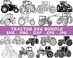 tractor svg bundle with different types of farm tractors and other vehicles in black and white