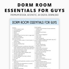 the dorm room essentials for guys guide is shown in white and blue with black lettering