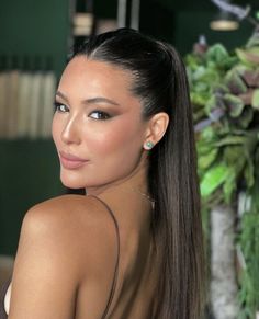 Hoco Ponytails Straight, Hairstyles For Weddings Ponytail, Slick Ponytail Hairstyles Prom, Slick Wedding Guest Hair, Slick Back High Ponytail Prom, Slicked Back Homecoming Hair, High Ponytail Makeup Look, Slick Back Pony Straight Hair, Ponytail Slick Hairstyles