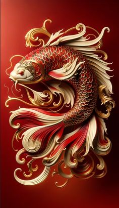 a red and gold fish with swirls on it's tail, sitting in front of a red background