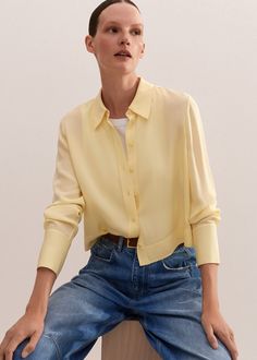 Silk Crop Shirt   | ME+EM Yellow Shirt Outfit, Vest Layering, Oversize Sleeves, Cashmere Jacket, Yellow Cardigan, Country Fashion, Yellow Shirt, Yellow Silk, Yellow Shirts