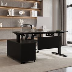 an office with a desk, chair and bookcase in the corner on carpeted flooring