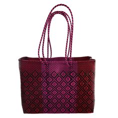 Oaxaca 100% Recycle Tote - SOLOLI Recyclable Double Handle Shoulder Bag For Shopping, Eco-friendly Red Tote Bag, Pink Tote Satchel For Beach, Pink Tote Satchel For The Beach, Eco-friendly Square Handwoven Bag, Eco-friendly Pink Beach Bag For Everyday Use, Pink Rectangular Crochet Bag For Market, Everyday Pink Woven Bag, Eco-friendly Red Tote Beach Bag