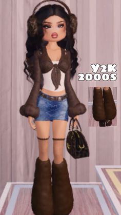 the doll is wearing short shorts and brown boots with her purse in front of her