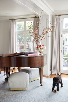 a living room filled with furniture and a grand piano