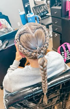 Baseball Braids, Braided Hairstyles For Basketball, Heart French Braid, Braided Hair Band Hairstyles, Braided Ponytail Hairstyles Heart, Heart Hairstyles For Kids, Braided Ponytail With Heart On The Side, Heart Braided Hairstyles