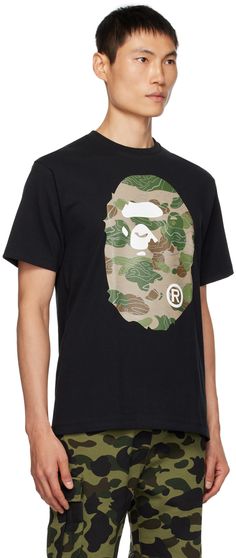 Cotton jersey T-shirt. · Rib knit crewneck · Reflective logo graphic printed at front · Logo patch at cuff · Reflective logo graphic printed at back Supplier color: Black/Beige Bape Clothing, Bape Outfits, Bape Black, Black Layers, Bathing Ape, A Bathing Ape, Knit Crewneck, Logo Graphic, Jersey T Shirt