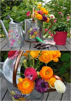 some flowers and watering cans on a table