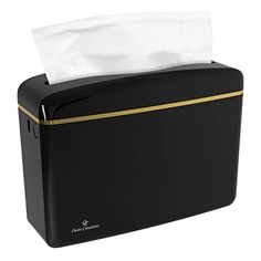 the tissue dispenser is black with gold trim