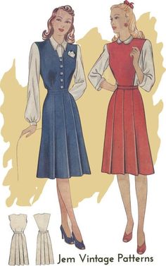 two women in dresses with collars and sleeves, one is wearing a blue dress