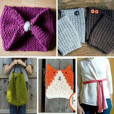 there are four different knitted items in the pictures, one is a purse and the other has a bow tie on it