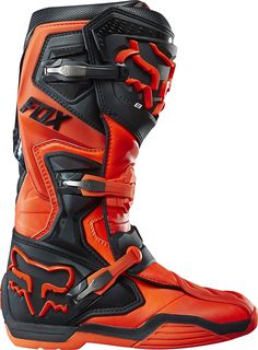 an orange and black motorcycle boot on a white background