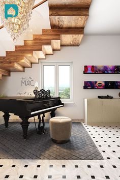 a grand piano sitting in the middle of a living room next to a window and chandelier