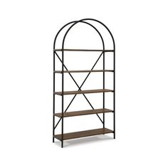 an iron and wood bookcase with four shelves on each side, in the shape of a trellis