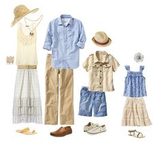 an assortment of clothing and shoes are arranged on a white background, including a shirt, pants, hat, sandals, and purse