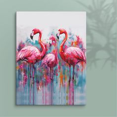 two pink flamingos are standing in the water