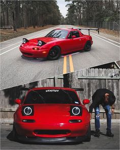 two pictures of a red sports car on the road