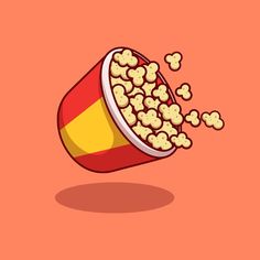 a red and yellow cup filled with popcorn on top of a pink background next to an orange wall