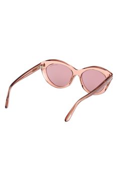 A signature logo wraps the frames of these Italian-made sunglasses shaped in an oval silhouette for trendsetting appeal. 55mm lens width; 16mm bridge width; 140mm temple length 100% UV protection CR-39 lenses Plastic Made in Italy Elegant Pink Sunglasses With Tinted Lenses, Luxury Retro Pink Sunglasses, Luxury Pink Tinted Shield Sunglasses, Designer Pink Tinted Sunglasses, Tom Ford Sunglasses Women, Pink Tinted Acetate Sunglasses, Tom Ford Sunglasses, Oval Sunglasses, Rose Lights