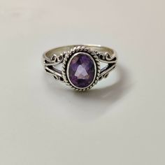 925 Sterling Silver Amethyst Ring, Purple Stone, Designer Ring, Healing Stone. #Handmade #DaintyBohoandHippie #AnniversaryBirthdayChristeningChristmasConfirmationCommunionEngagementFathersDayGraduationMothersDayValentinesDay Silver Ring Purple Stone, Rings With Purple Stones, Dark Purple Rings, Amethyst Ring Aesthetic, Purple Gem Ring, Purple Ring Aesthetic, Stephen Universe, Simple Stone Ring, Amethyst Ring Silver