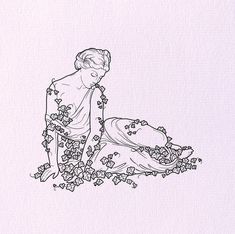 a drawing of a woman sitting on the ground with flowers around her neck and head