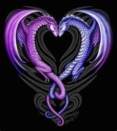 two purple and blue dragon are in the shape of a heart on a black background