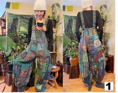 Hand-sewn patchwork overalls from Thailand. Each item is unique, so you will never find two that look exactly the same.  Blonde model is 5'11, brunette is 5'1. Hand wash and hang to dry. Bohemian Patchwork Overalls For Spring, Casual Baggy Patchwork Overalls, Hippie Multicolor Cotton Overalls, Festival Patchwork Overalls, Patchwork Overalls Hippie, Patchwork Overalls, Yoga Festival, Boho Yoga, Blonde Model