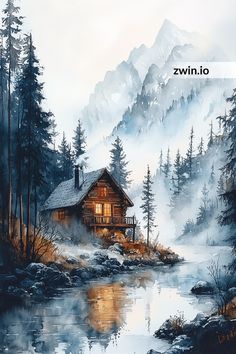 a painting of a cabin in the mountains by a lake with trees and snow on it