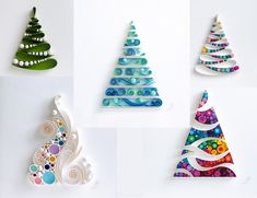 four different christmas trees made out of paper and beaded beads are shown in this collage