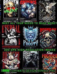 a poster with different types of tattoos on the front and back of it, all in black