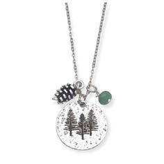 One Of The Universal Symbols Of Life Triple Pine Tree And Pine Cone Necklace Pine Tree Circle And Pine Cone - Eco-Friendly Alloy With Antique Silver Finish Round Jade Green Bead Stainless Steel Cable Chain - 18” + 2” Extension Sterling Silver Charm Necklaces With Round Beads, Sterling Silver Necklaces With Charms And Round Beads, Everyday Silver Nature-inspired Jewelry, Everyday Silver Necklace With Nature-inspired Style, Nature-inspired Silver Jewelry With Charms, Personalized Silver Necklaces With Round Beads, Silver Nature-inspired Necklace For Everyday, Silver Necklaces With Personalized Round Beads, Everyday Nature-inspired Silver Necklace