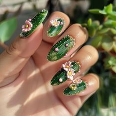 Floral Glitter Nails, Tequila Lime Nails, Wild West Nails, Bush Nails, Southwestern Nails, Green Korean Nails, Flower Charm Nails, Nature Inspired Nails, Farm Nails