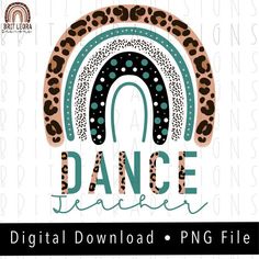 the dance teacher logo is shown with leopard spots and an arch in the background,