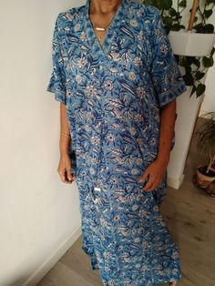 Cotton kaftan Bohemian Blue Floral Print Sleepwear, Blue Bohemian Sleepwear With Floral Print, Blue Bohemian Floral Print Sleepwear, Blue Cotton Kaftan For Loungewear, Blue Floral Print Cotton Kaftan, Blue Floral Cotton Kaftan, Blue Cotton Kaftan With Floral Print, Blue Block Print Dress For Beach Cover-up, Bohemian Summer Dresses For Lounging