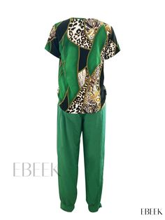 Ebeek - Stylish Leopard Pattern Colorblock Two-piece Set, featuring V Neck Short Sleeve T-Shirt and Pleated Pants, Womens Fashion Ensemble Casual Green Sets With Patchwork, Pleated Pants, Leopard Pattern, Two Piece Sets, Types Of Printing, Color Blocking, Two Piece, V Neck, Pants