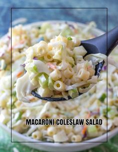 macaroni coleslaw salad in a bowl with a spoon