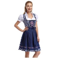 Feature: Women's holiday costumes dress for festival. Splicing suits, cold shoulder, short sleeve, slim fit A swing dress for casual wear. Blue Fitted Dress For Oktoberfest, Fitted Blue Dress For Oktoberfest, Carnival Outfit, German Dress, Womens Cosplay, Outfit Denim, Dress Traditional, Carnival Halloween, Holiday Costumes